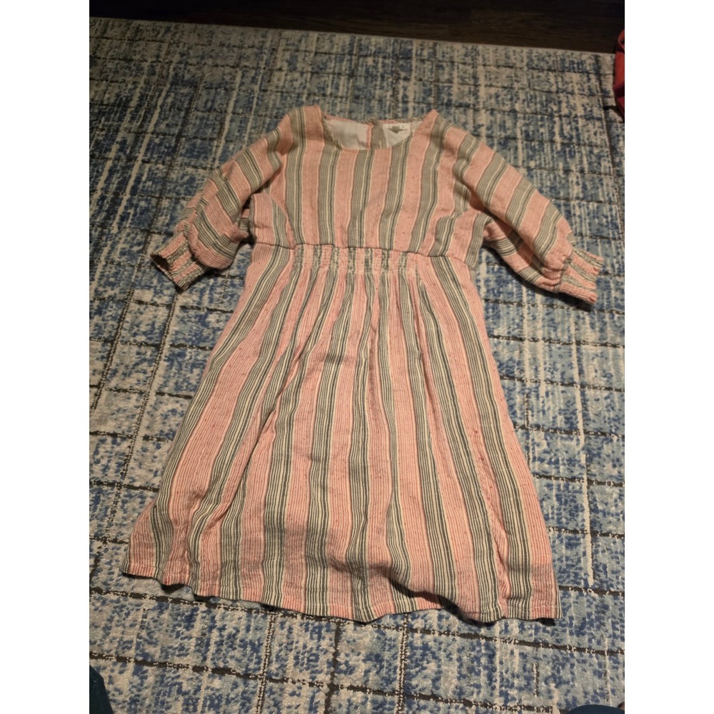 THML Pink Blue Striped Smocked Waist Puff Sleeve Midi Dress Womens XS